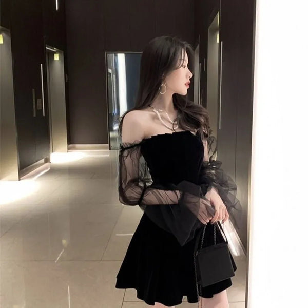 Mini robe noire rétro en dentelle et mousseline de soie pour femmes Sexy
