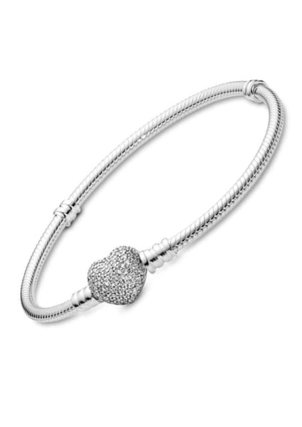 Bracelet tendance en argent 925 de Style Pandora avec fermoir en forme de cœur scintillant et chaîne serpent élégante