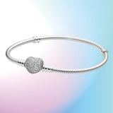 Bracelet tendance en argent 925 de Style Pandora avec fermoir en forme de cœur scintillant et chaîne serpent élégante